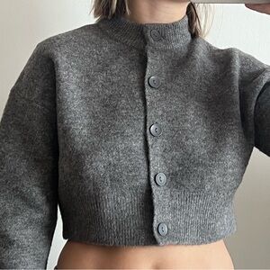 Zara Gray Cardigan Sweater Ribbed Knit Cropped
